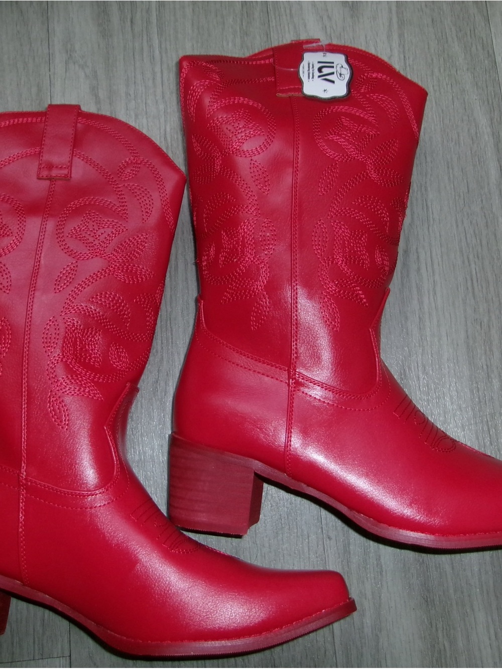Amazon Red Western-Style Mid-Calf Heeled Boots